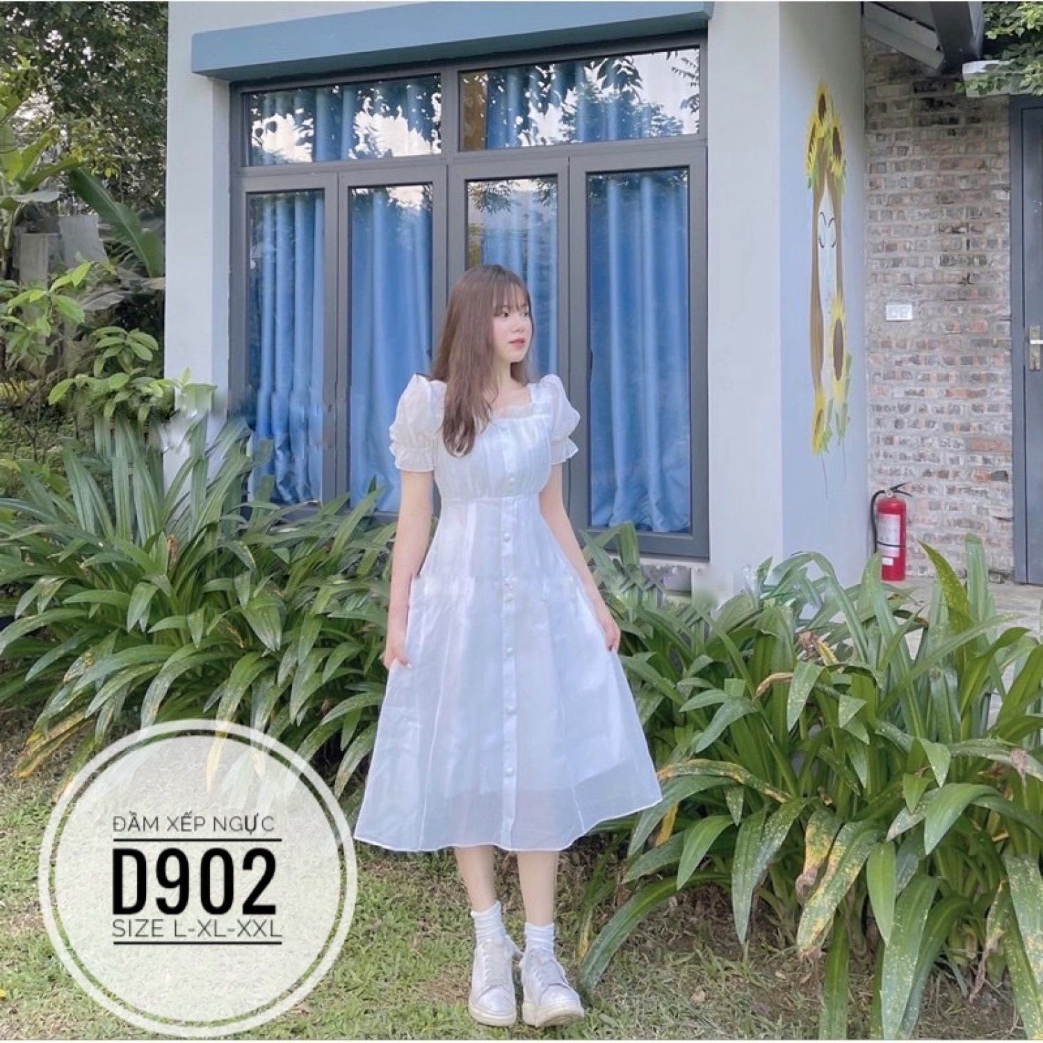 (60-90kg)BIGSIZE Đầm trắng xếp ngực D902