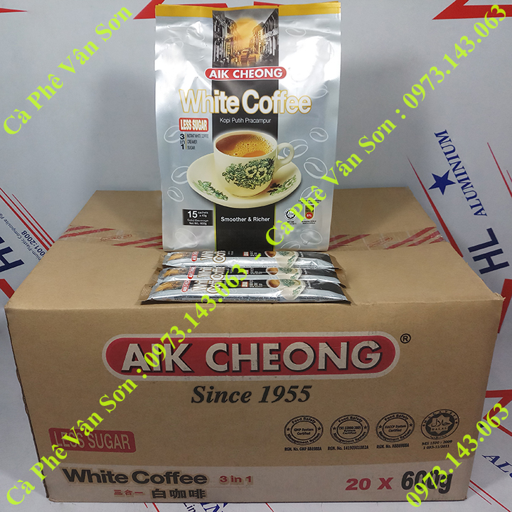 03 bịch Cà phê ít đường Aik Cheong White Coffee (less sugar) 600g (15 gói dài x 40g)