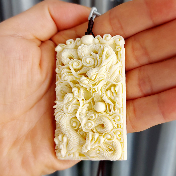 Dây chuyền nam Song Long Tranh Châu (Lưỡng Long Chầu Nguyệt)- Dây chuyền bằng trái ngà