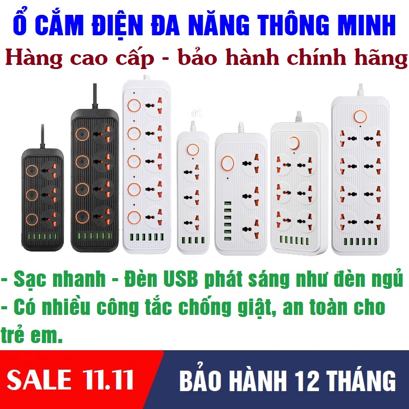 Ổ CẮM ĐIỆN ĐA NĂNG THÔNG MINH CÓ 6 CỔNG USB SẠC NHANH AN TOÀN CHỐNG GIẬT SIÊU TIỆN LỢI - Ổ CẮM ĐIỆN 3 PHÍCH CẮM 6 CỔNG USB CHỐNG CHÁY NỔ