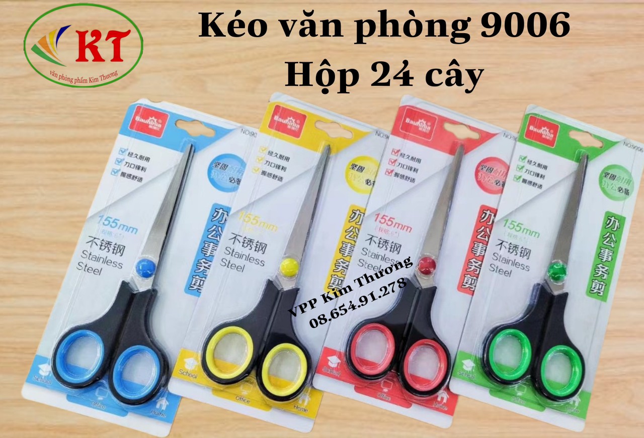 Kéo văn phòng mũi nhọn cán nhựa phối màu dài 155mm . Giao màu ngẫu nhiên