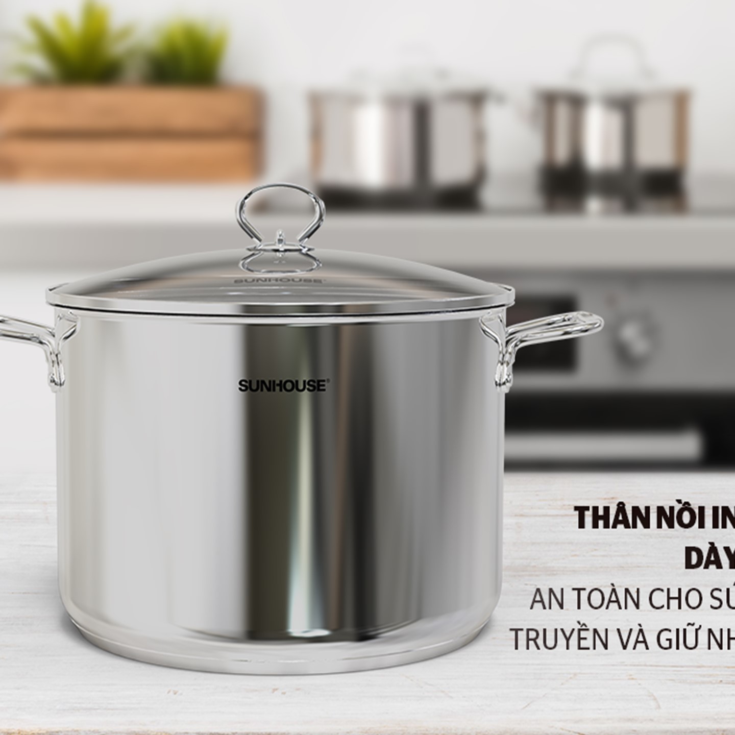 Nồi luộc gà inox 3 đáy sunhouse sh28lg có kích thước 28cm dùng trên mọi loại bếp