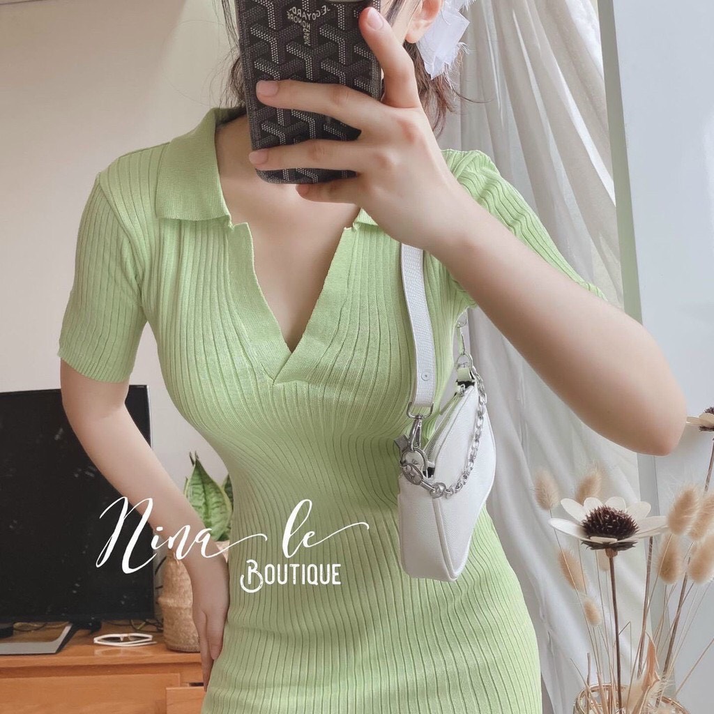 Váy Đầm Body Len Gân Cổ V Siêu Xinh (VIDEO, ẢNH THẬT)