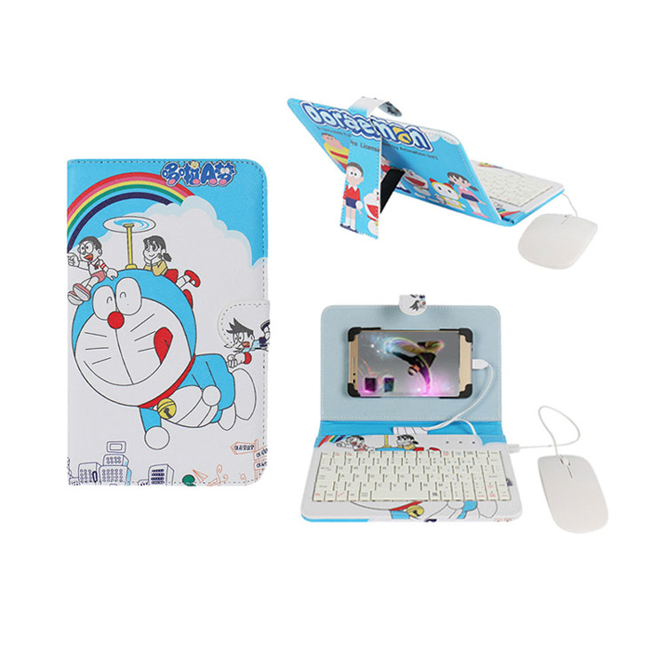 Bộ Combo bao da bàn phím + Chuột + lót chuột hình DOREMON cho điện thoại, máy tính bảng từ 4 đến 7 inch