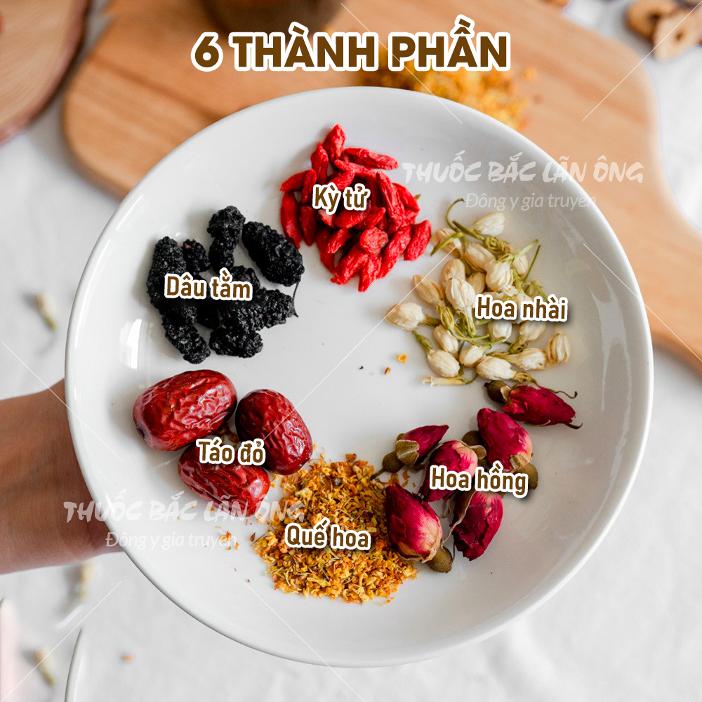 Set trà dâu lục vị mix (Dâu tằm, táo đỏ, hoa hồng tây tạng, kỳ tử, hoa nhài) - Thuốc bắc lãn ông