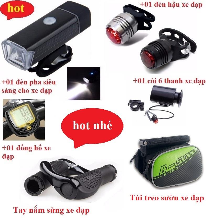 Đèn phá siêu sáng + Đèn led hậu xe đạp+Còi siêu thanh cho xe đạp + Đồng hồ đo tốc độ xe đạp + Túi đựng đồ treo sườn xe đạp + Tay nắm sừng xe đạp