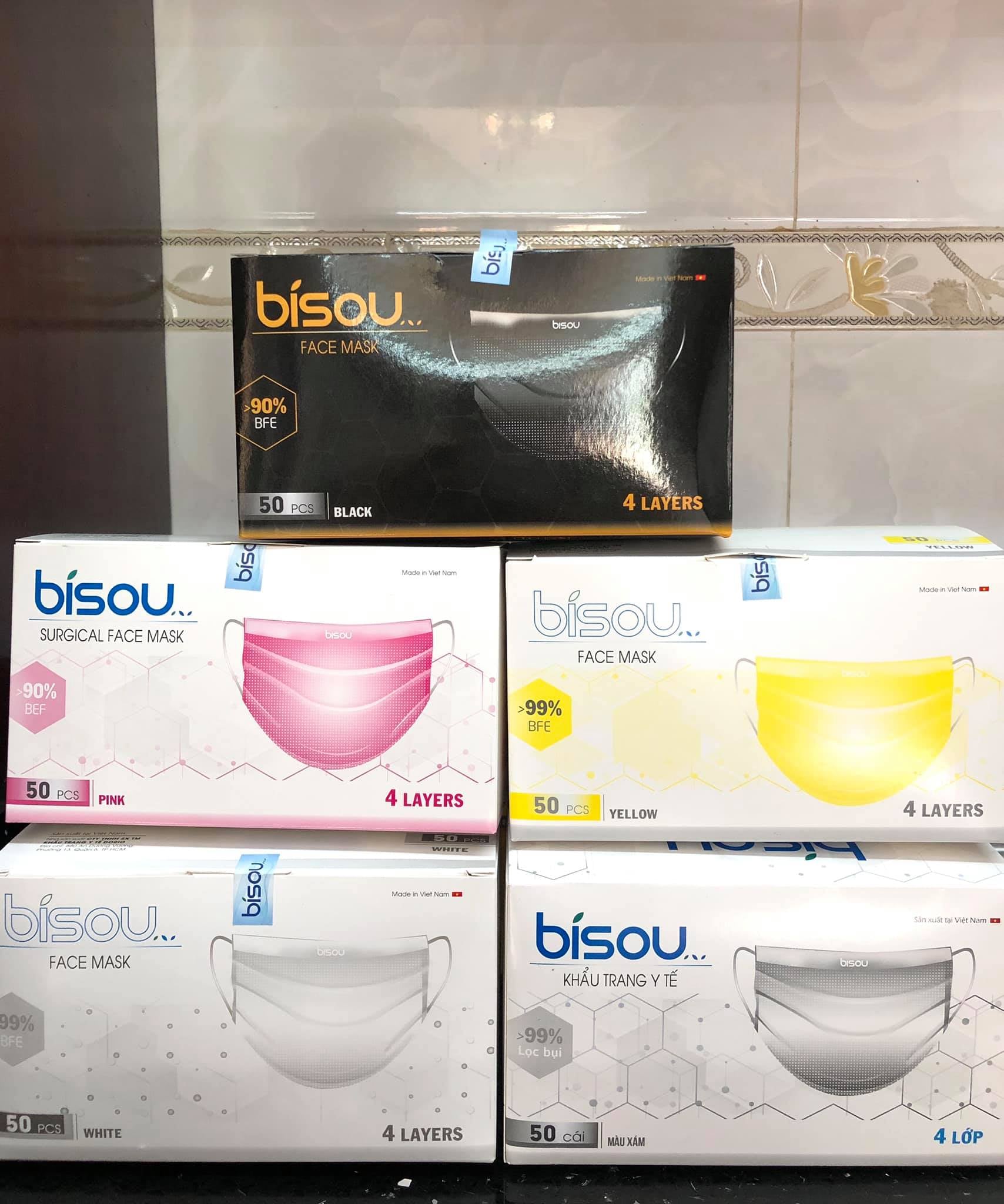 KHẨU TRANG Y TẾ KHÁNG KHUẨN BISOU MÀU VÀNG 4 LỚP, HỘP 50 CÁI