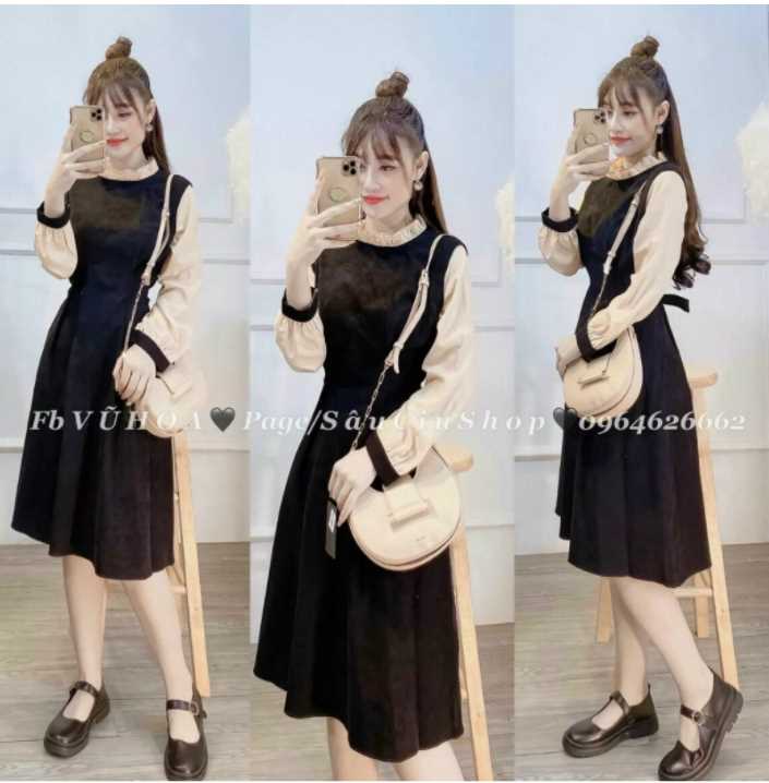 Đầm cổ trụ xếp li tay phối voan cột nơ sau cao cấp