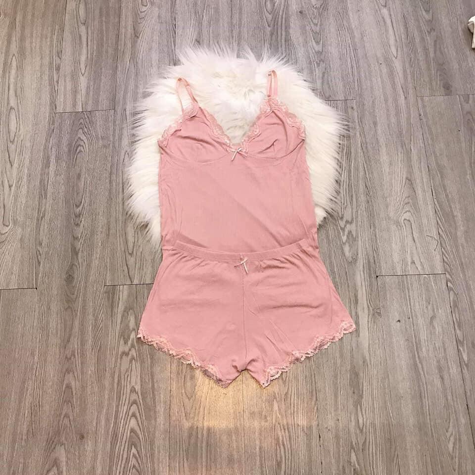 Bộ ngủ thun hai dây viền ren