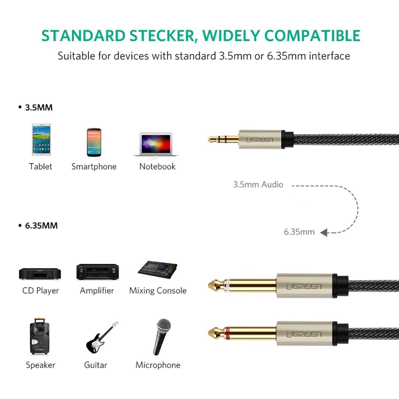 [HCM]Cáp Audio 3.5mm ra 2 Đầu 6.5mm Cao Cấp UGREEN AV126