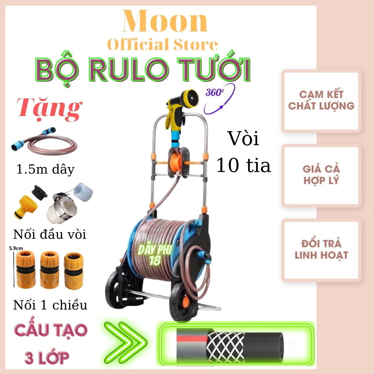 Bộ khung rulo cuộn dây tưới cây lionking Tonydx, bánh xe kéo, tự động xếp dây khi thu dài từ 30 đến 50m phi 18 cấu tạo 3 lớp, vòi tưới 10 kiểu phun, đủ khớp cút nối nhanh gắn sài, bảo hành 6 tháng Moon store