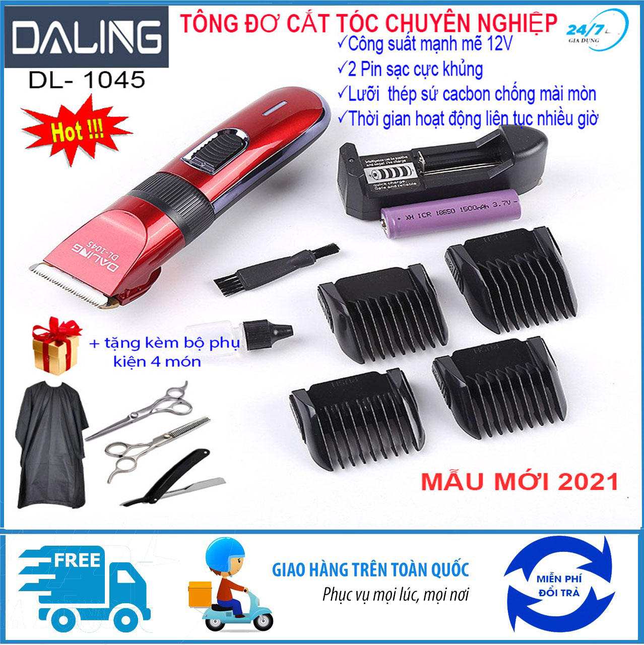 Tông đơ cắt tóc không dây cao cấp Daling 1045, Tăng đơ hớt tóc gia đình, cắt tóc trẻ em người lớn công suất mạnh mẽ, lưỡi sứ ceramic chống mài mòn, 2 pin sạc cực khủng, thiết kế hiện đại, an toàn, tong do cat toc -Giadungbv247
