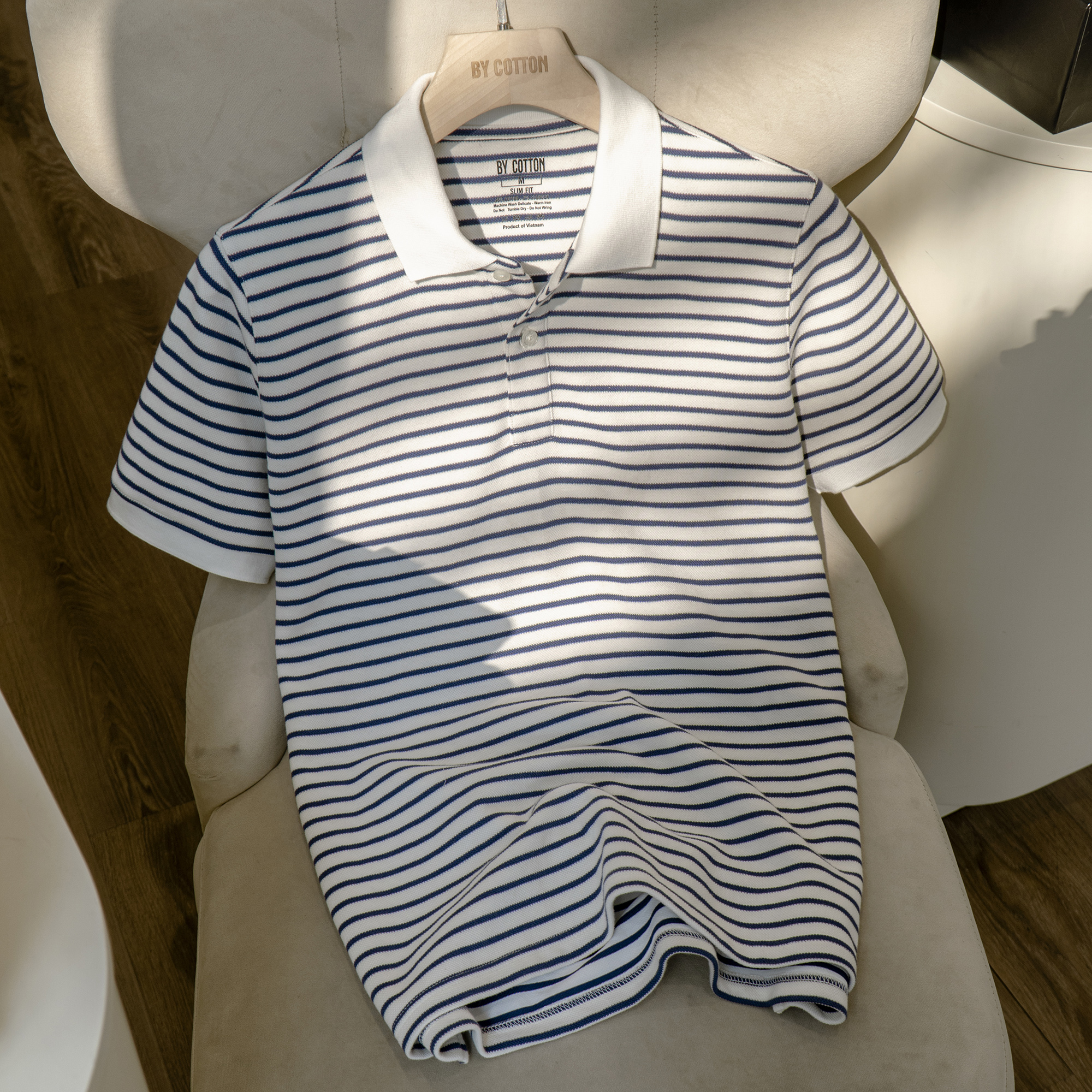 Áo thun nam cao cấp polo cổ bẻ navy cream mini stripes by cotton