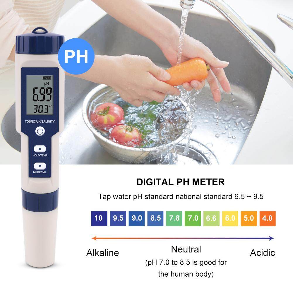 【Bút Kiểm Tra Chất Lượng Nước 5 Trong 1】Máy Đo Độ Mặn Và Độ PH 5 Trong 1, Dùng Để Làm Vườn Và Đo Độ PH/Tds/Ec/Độ MặN/Nhiệt Độ