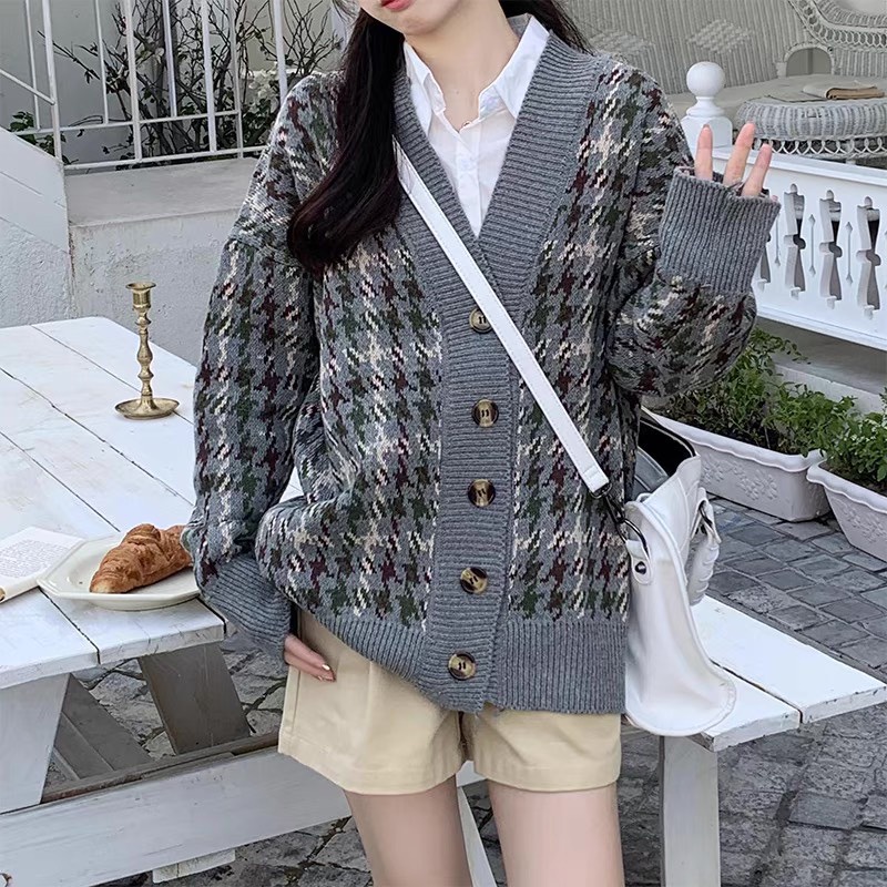 Áo khoác cardigan len dệt kim họa tiết thổ cẩm form to đẹp. hàng Qc chất lượng