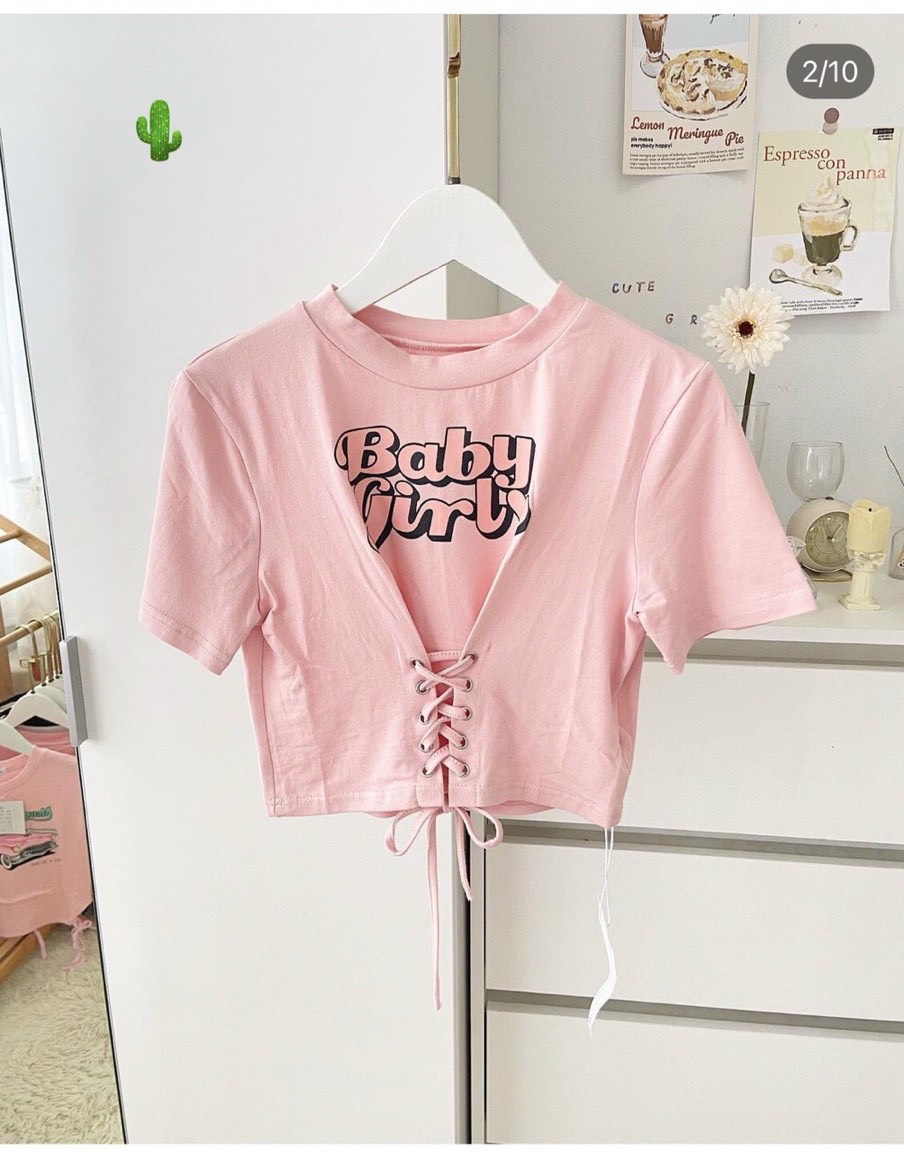 Áo thun croptop nữ kiểu đan dây TRƯỚC Baby Girl màu Hồng xinh xắn tay ngắn PC