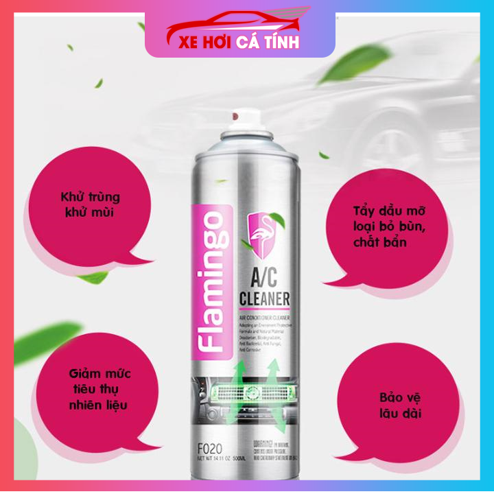 Bọt tẩy vệ sinh ô tô khử trùng điều hoà xe hơi, xịt khử mùi điều hoà dàn lạnh, vệ sinh dàn máy lạnh ô tô Flamingo 500ml