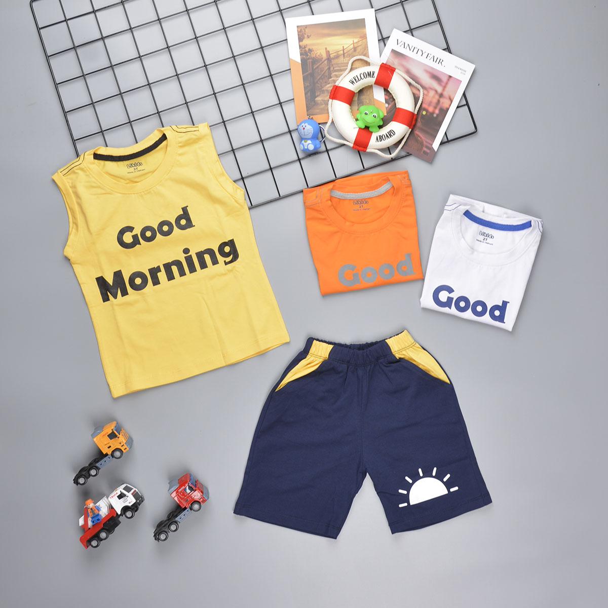 [HCM]Đồ Bộ Sát Nách Bé Trai Good Morning chất Thun Cotton 100% Mềm Mịn cho Bé trai 2 - 8 Tuổi