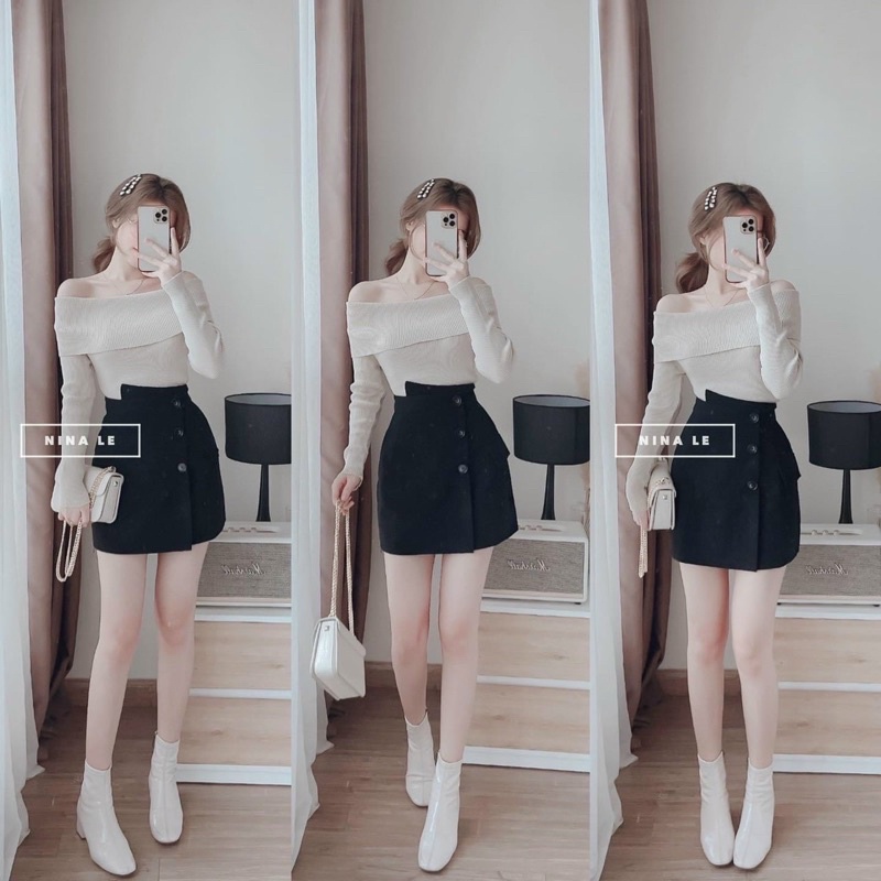 áo len dệt kim trễ vai cổ bẻ
