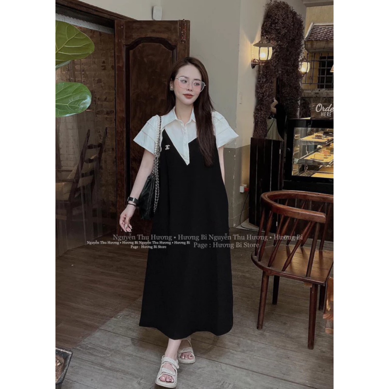 Váy sơ mi trắng cộc tay phối thân màu đen phom rộng bầu bí bon chen được