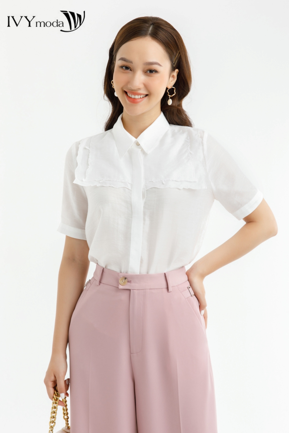 Áo sơ mi lụa thêu viền IVY moda MS 16M7643