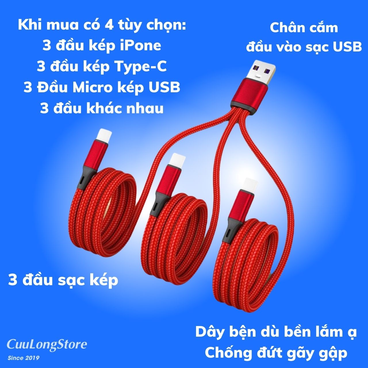 Dây Sạc Nhanh 3 Đầu Kép Giống Nhau Đa Năng, cáp sạc nhanh 5A Type C Lightning Micro USB cho điện thoại máy tính bảng Cửu Long store