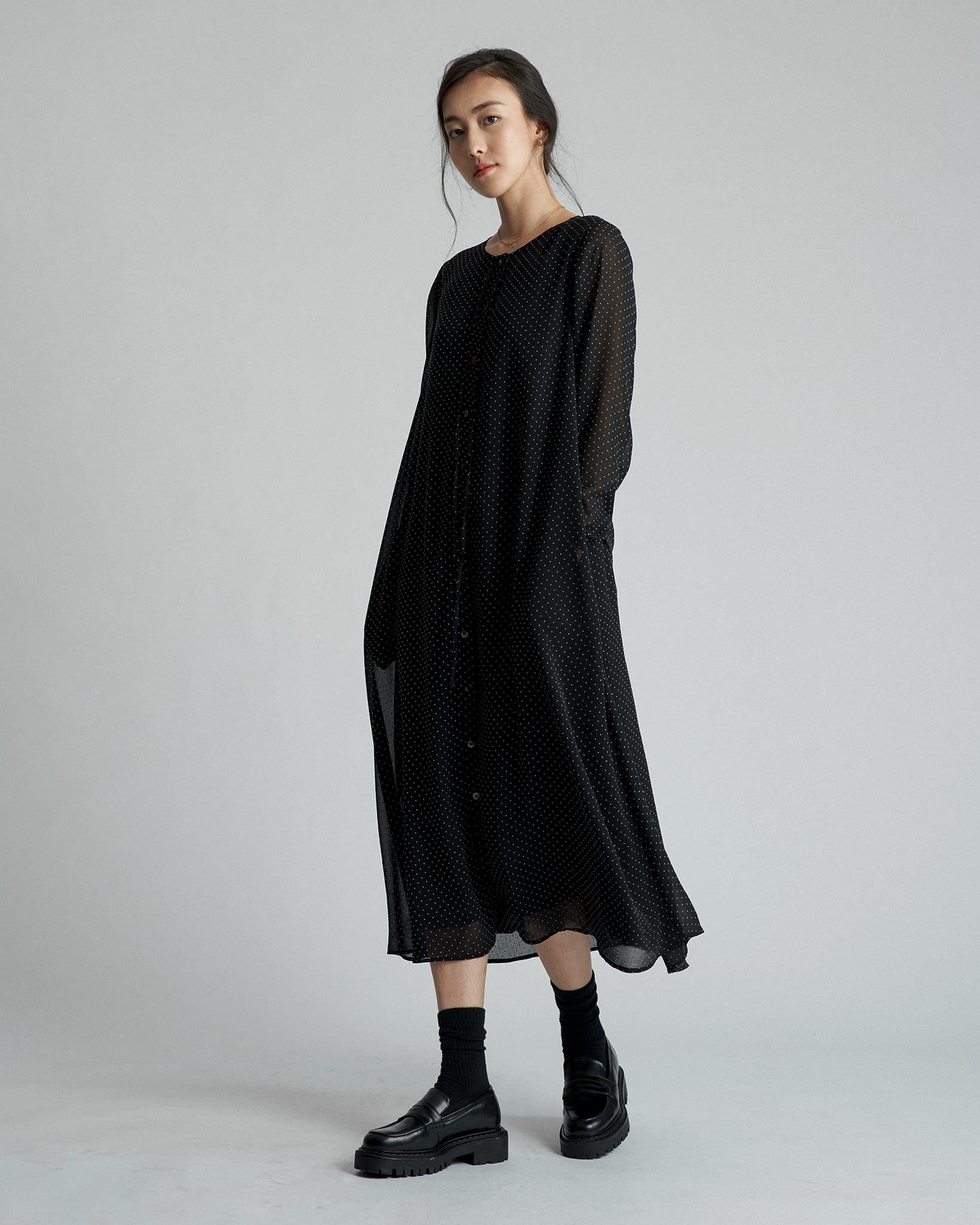 Đầm sơ mi chiffon chấm bi KHÂU BY CQ