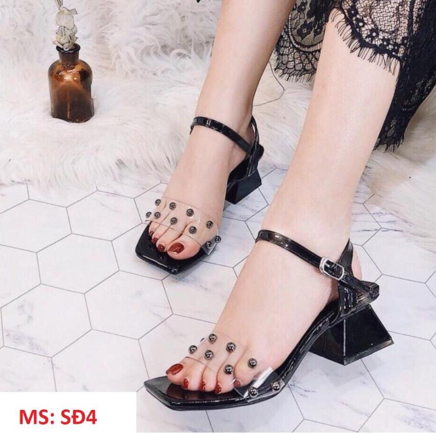 (Miễn ship) Giày nữ, giày sandal cao gót đế vuông 5 phân quai trong đính hạt lên chân sang chảnh PinkShopGiayDep giá rẻ