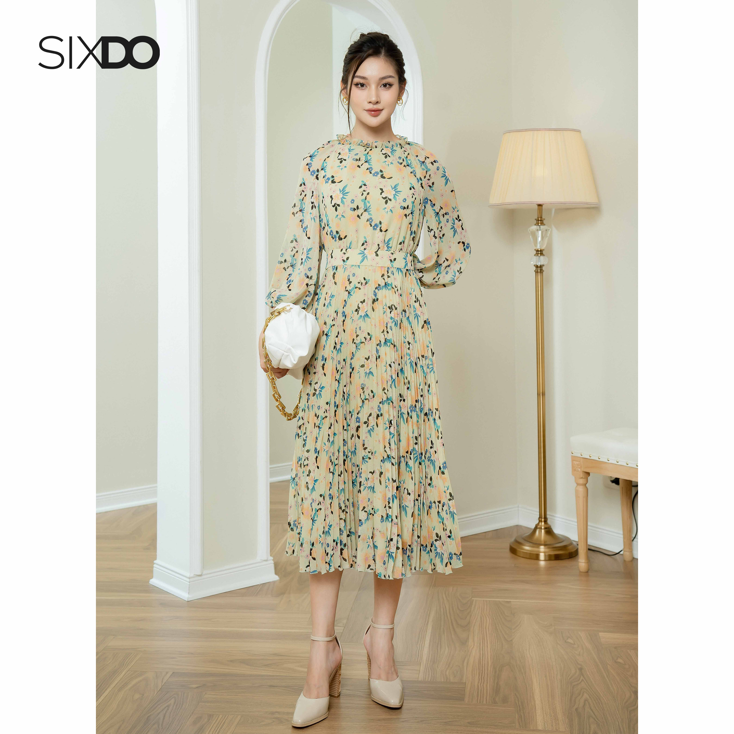 Đầm voan hoa dài tay cổ bèo SIXDO (Light Green Floral Midi Voile Dress)