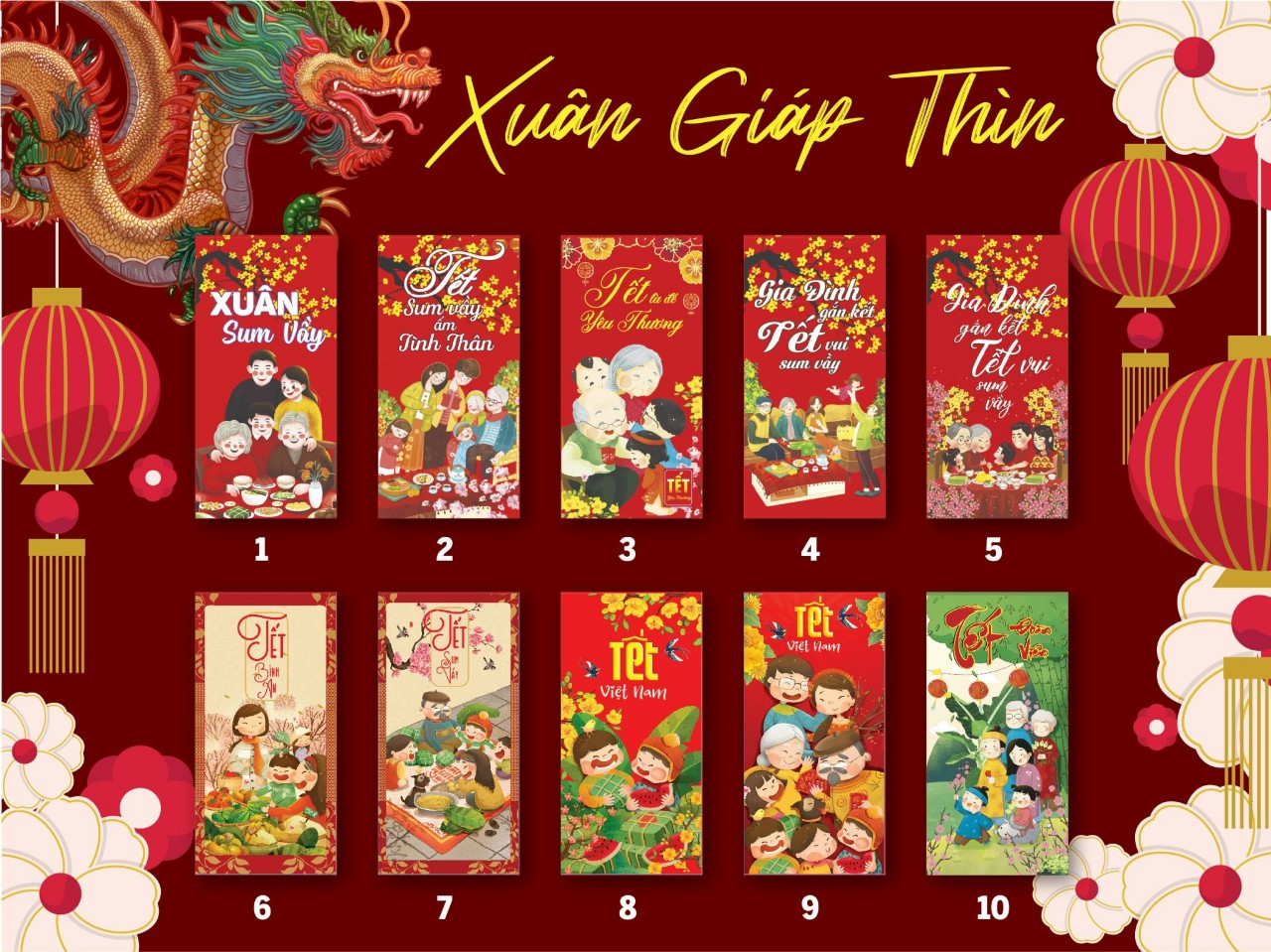 COMBO 10 BAO LÌ XÌ TẾT 2024 KÈM TÚI BÓNG