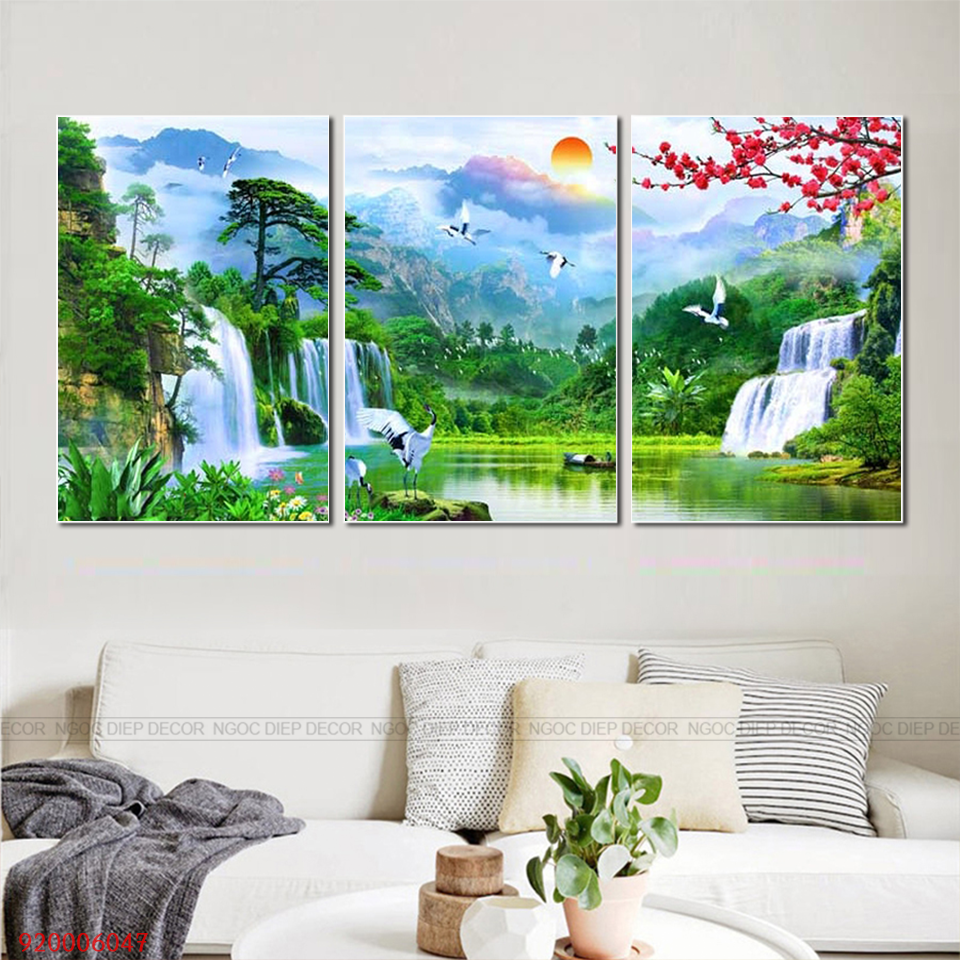 Tranh Dán Tường 3D Sơn Thủy Thác Nước, tranh phong thủy tài lộc