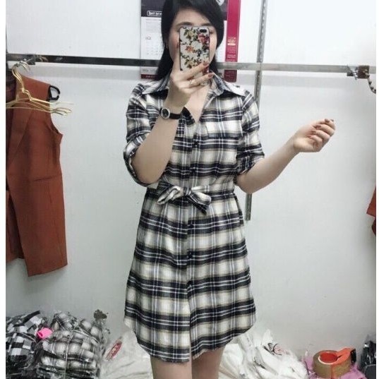 Đầm Sơ Mi Kẻ Thắt Đai Xinh Xắn