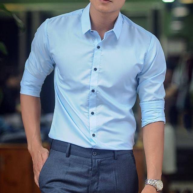 SALE ◉ Q4 - Áo Sơ mi Nam  [XANH DƯƠNG NHẠT] Body Hàn Quốc , sang trọng. chất lụa không nhăn cực đẹp