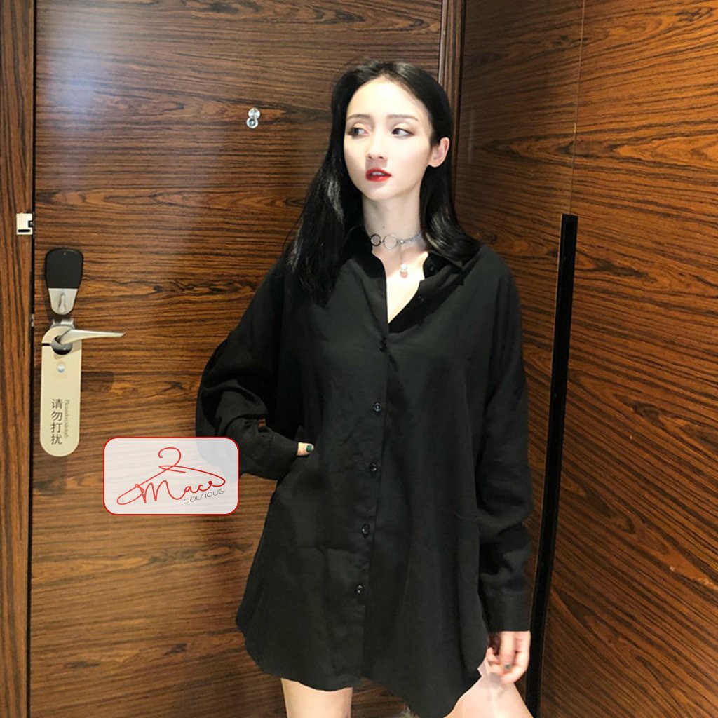 Áo sơ mi dáng rộng nữ nam trơn Basic Unisex Dài Tay trắng đen chất cotton lụa