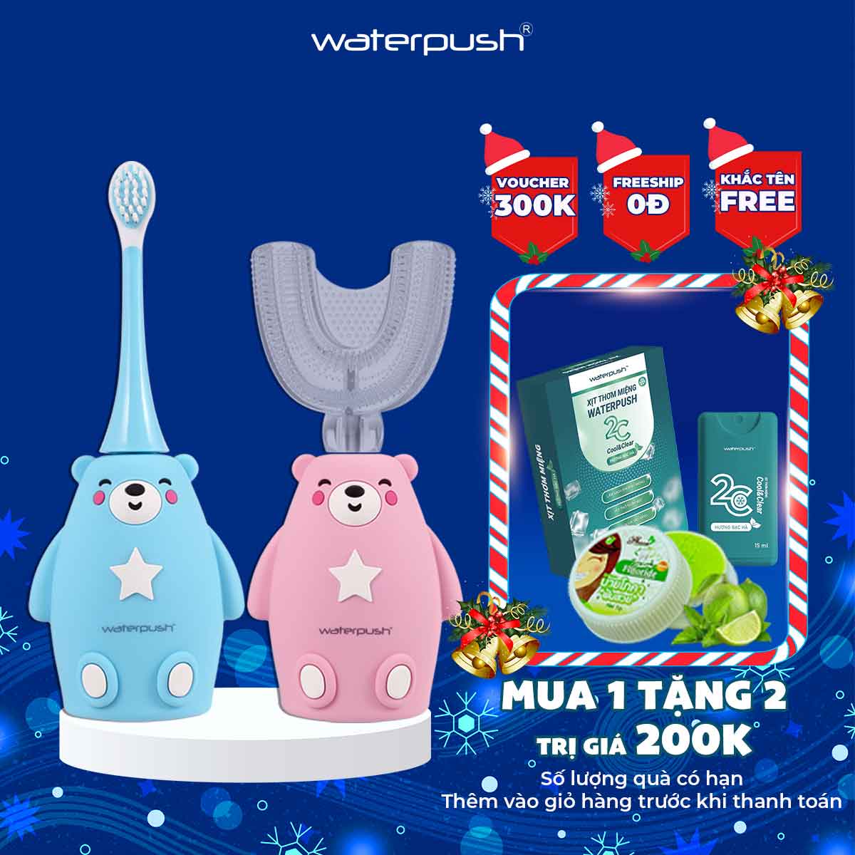 Bàn chải điện trẻ em cao cấp WaterPush, bàn chải đánh răng đầu chữ U siêu mềm và đầu bàn chải siêu mảnh giúp bé làm sạch