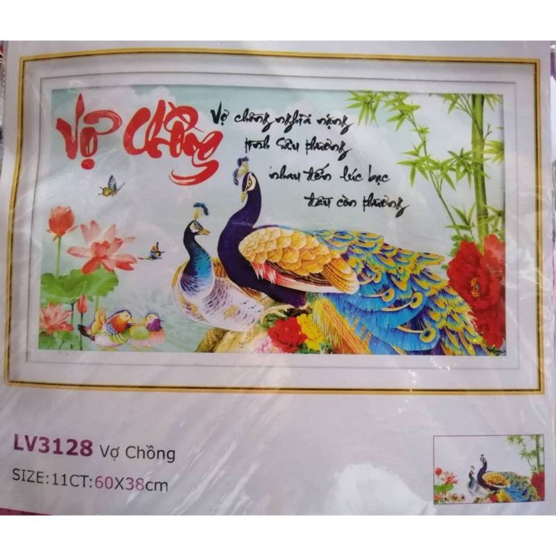 Tranh thêu chữ thập vợ chồng đôi công lv3128