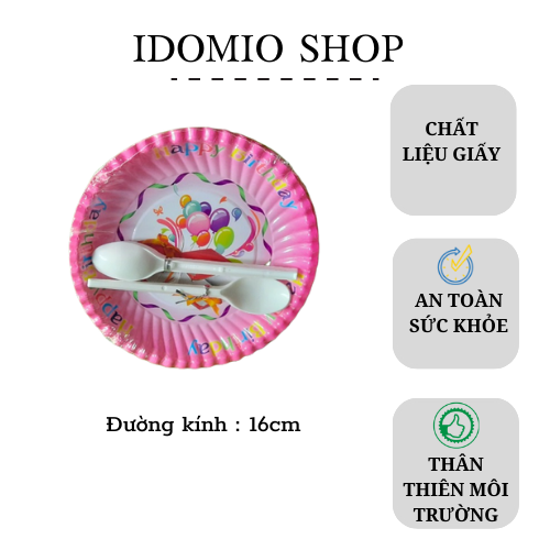 Đĩa Giấy Sinh Nhật 16cm Kèm Muỗng ( 10 cái/xấp)