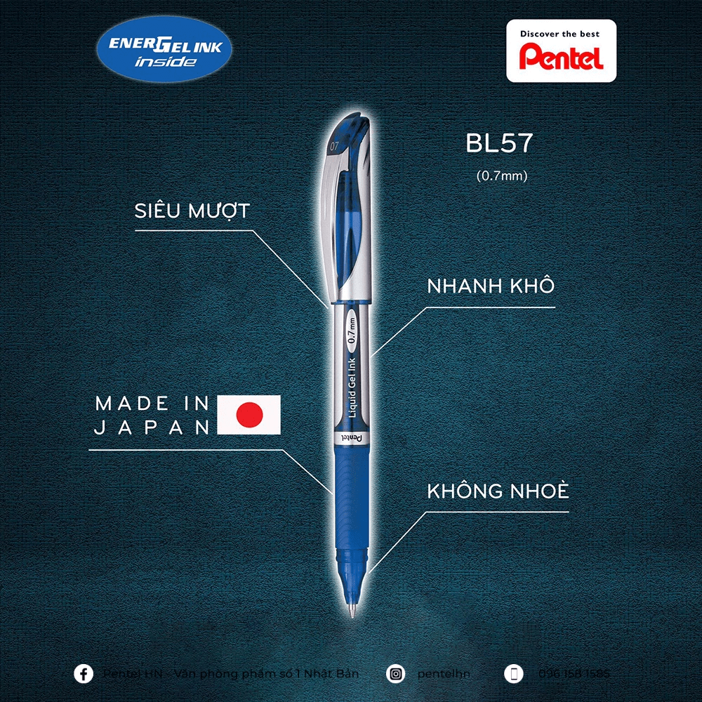 Bút Bi Nước Kí Tên Mực Gel Pentel BL57 Chính Hãng Ngòi 0.7mm Mực Xanh