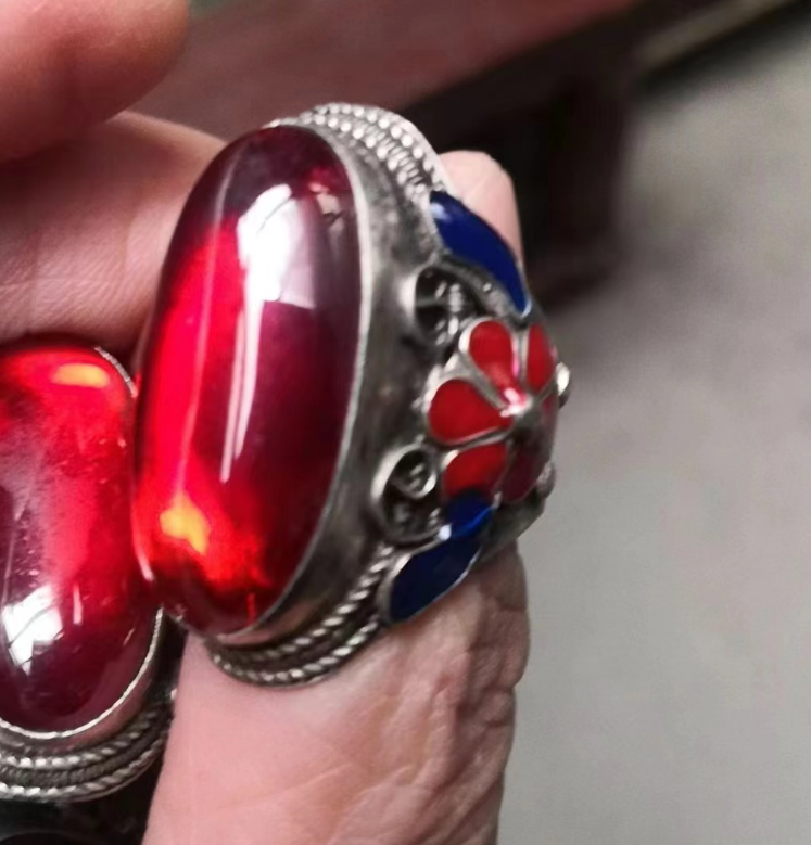 🔥 Chinese antique bronze antique jewelry silver inlaid with ruby ring . . .