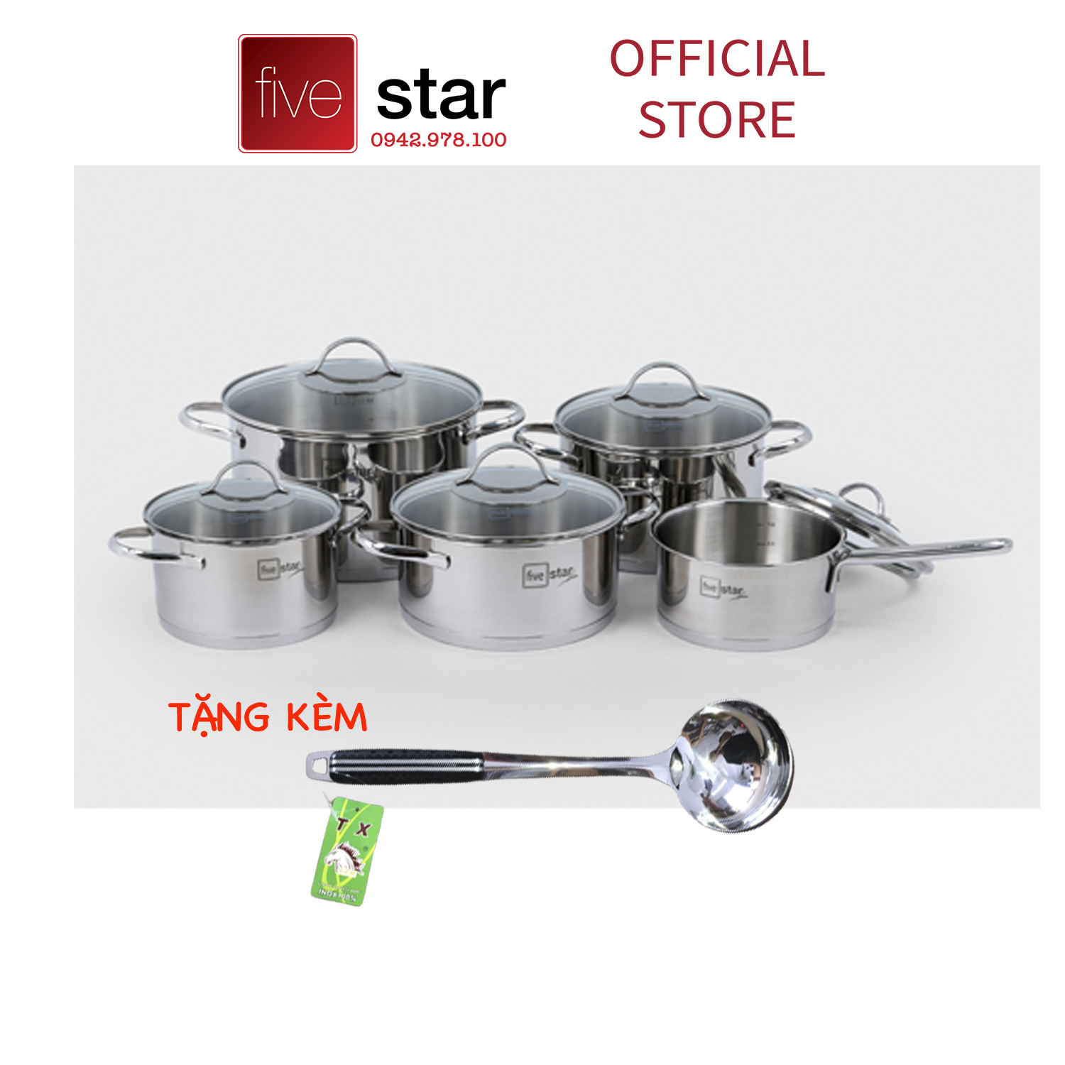 Bộ nồi quánh 3 đáy inox 304 FiveStar Plus kiểu Silit 5 chiếc nắp kính