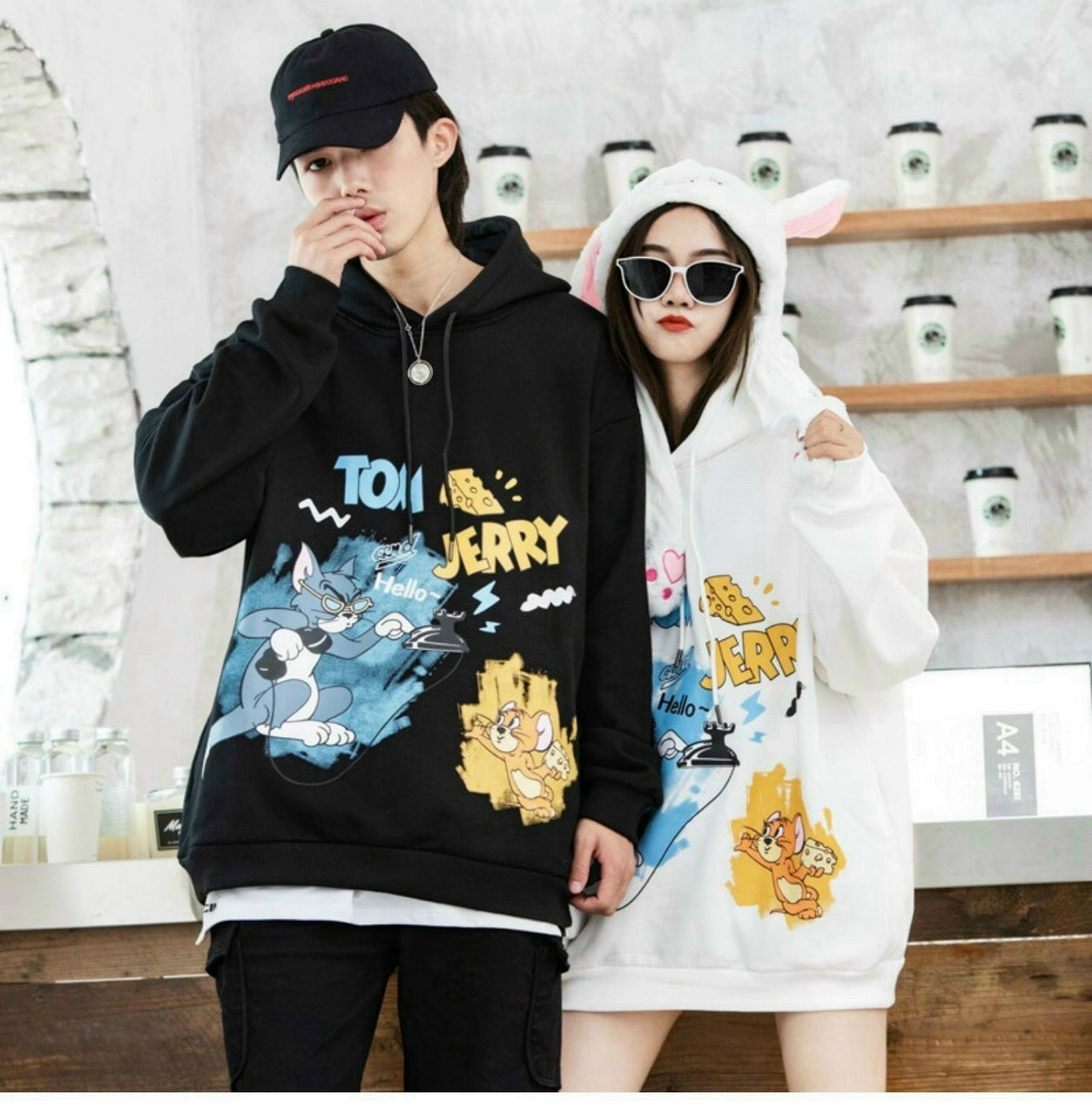 Áo Khoác, Áo Khoác HOODIE Unisex Nam Nữ Mèo Trắng/Đen Chất Vải Cao Cấp Thời Trang MC006