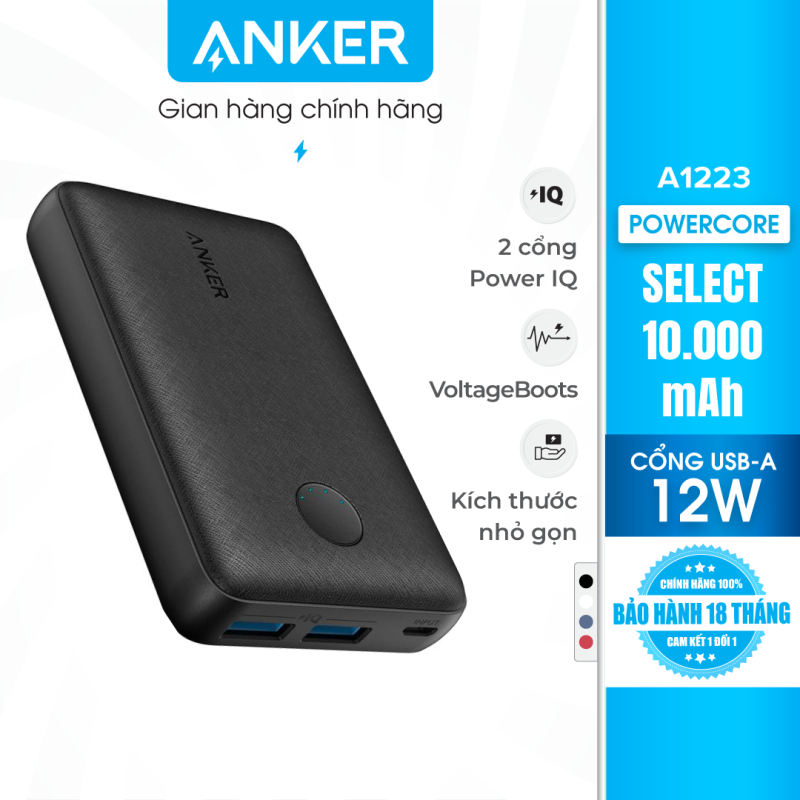 Sạc dự phòng ANKER PowerCore Select 10000mAh - A1223 - Thiết kế nhỏ gọn và nhẹ, 2 cổng sạc USB-A tiện lợi, vật liệu chống trượt và chống bám vân tay