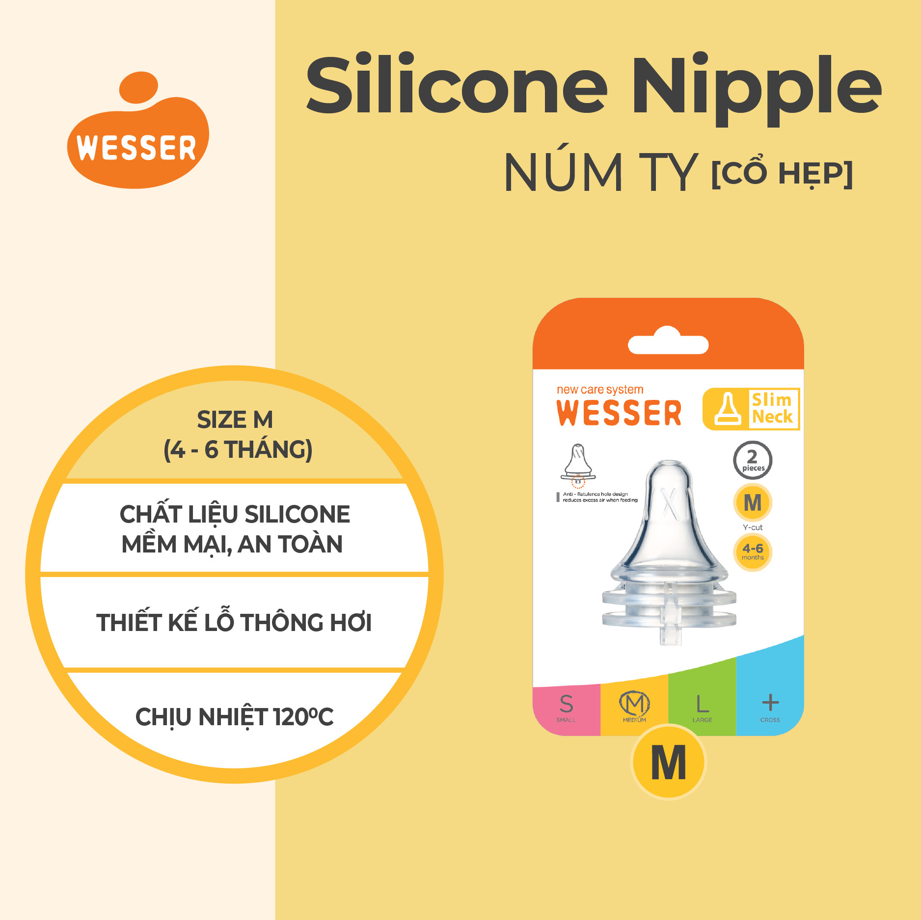 Núm ty CỔ HẸP Wesser S/M/L/+ (2 cái/hộp)