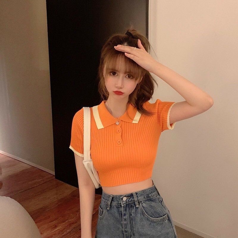 Áo len mông cộc tay croptop cổ bẻ pha viền cổ hot hit