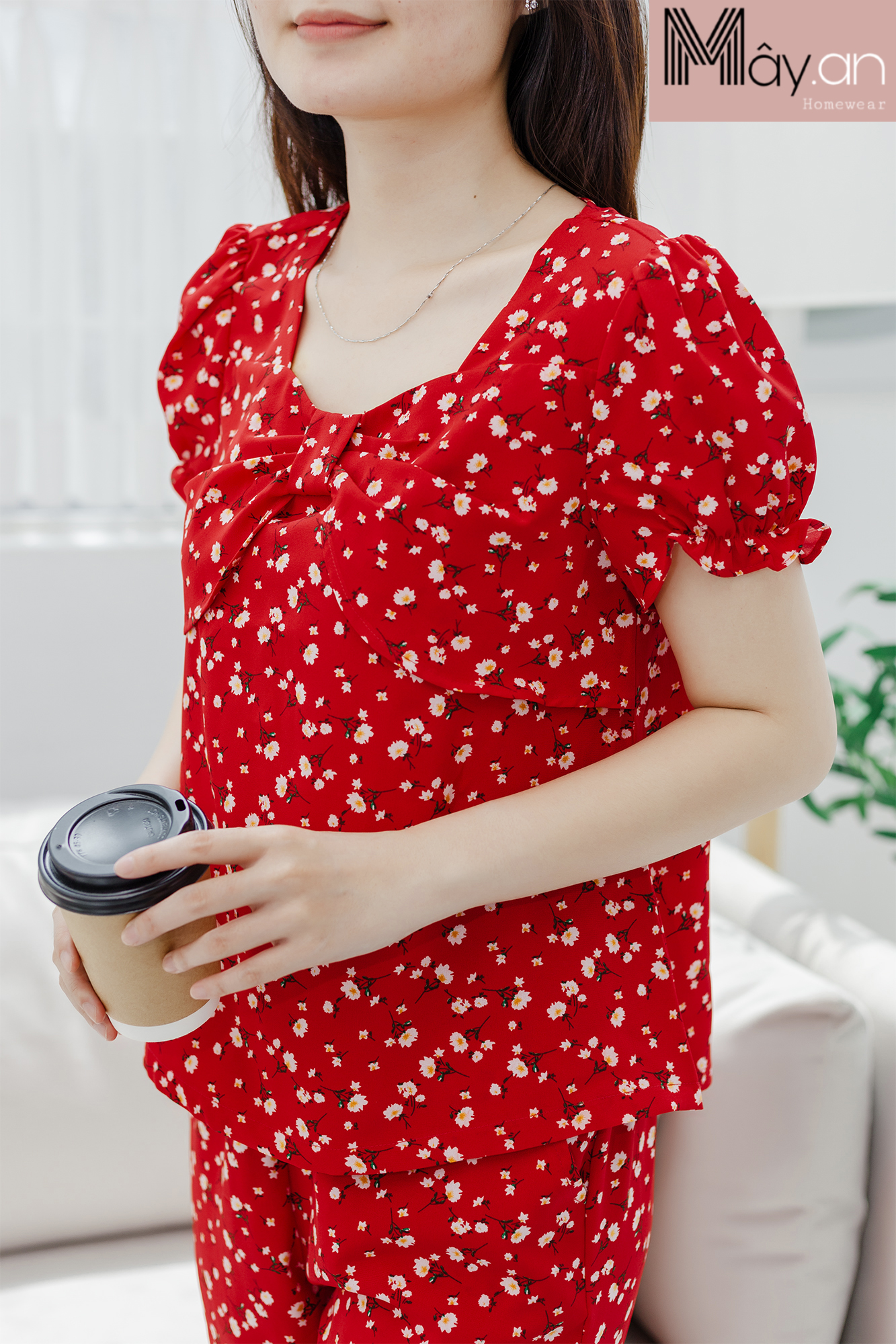 Đồ mặc nhà MÂY áo cổ nơ quần dài lụa Nhật