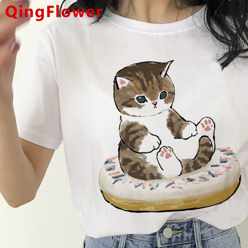 卡哇伊猫搞笑卡通图案T恤女原宿可爱动漫T恤风格时尚T恤上衣T恤女