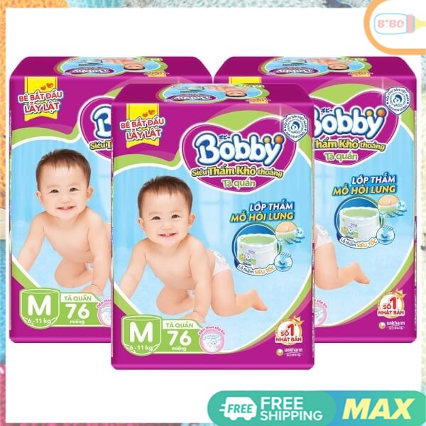Bỉm bobby dán size m76,l68,xl62, xxl56 mới nhất.