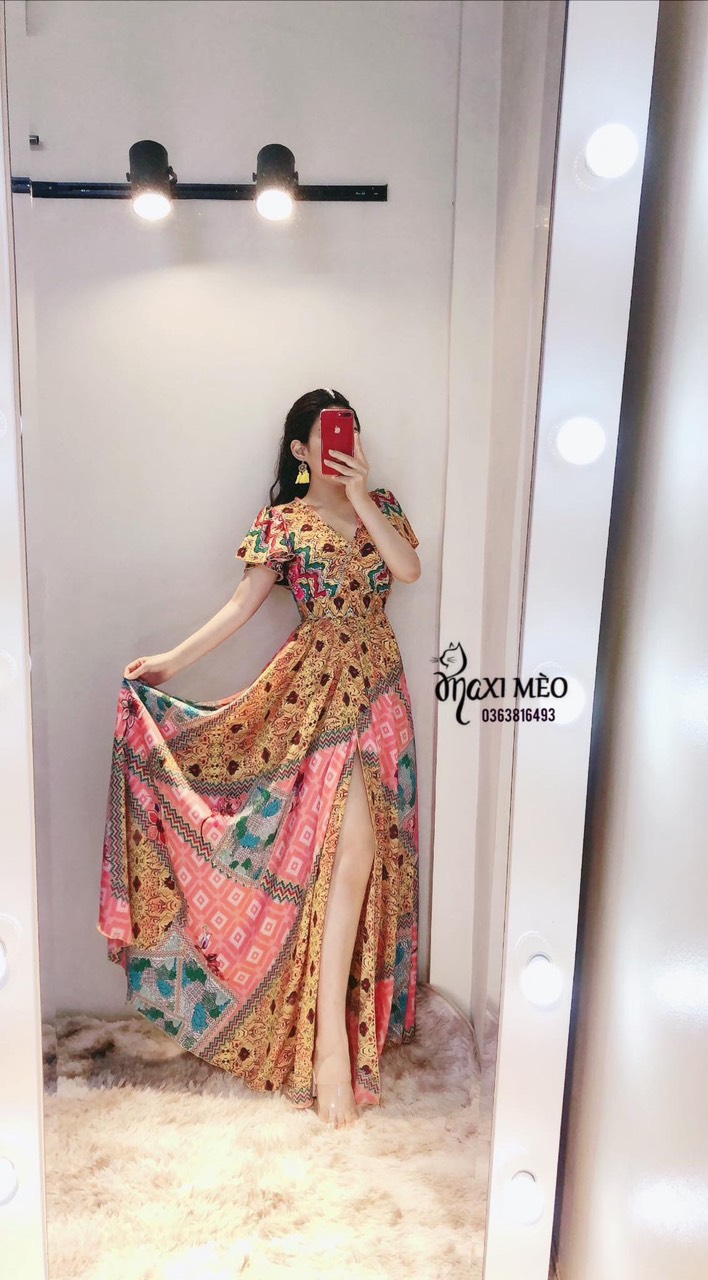 Maxi tay con cổ v xẻ đùi cao cấp-QH