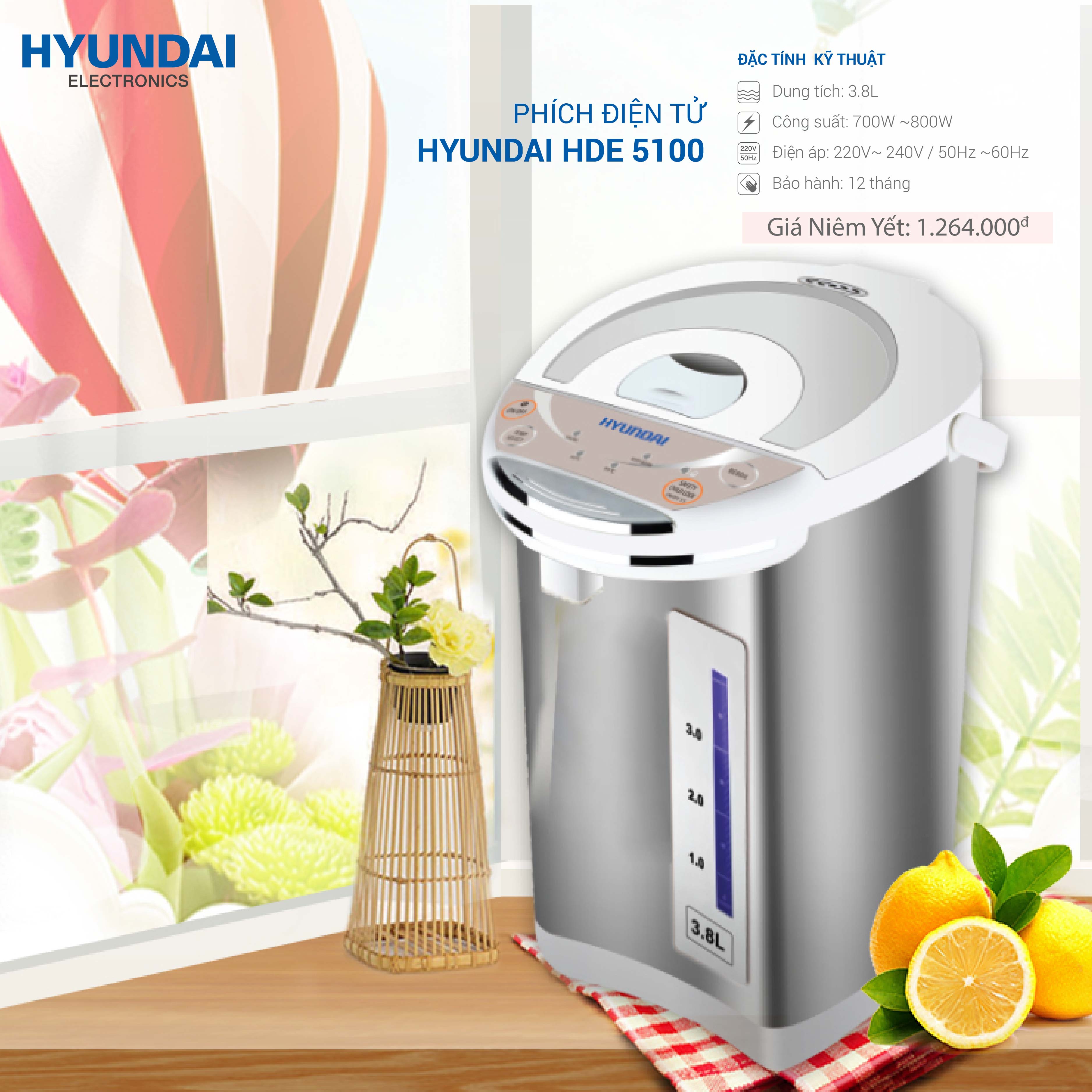 Phích Nước Giữa Nhiệt ĐIện Tử HUYNDAI HDE 5100 - Bảo Hành Chính Hãng 12 Tháng