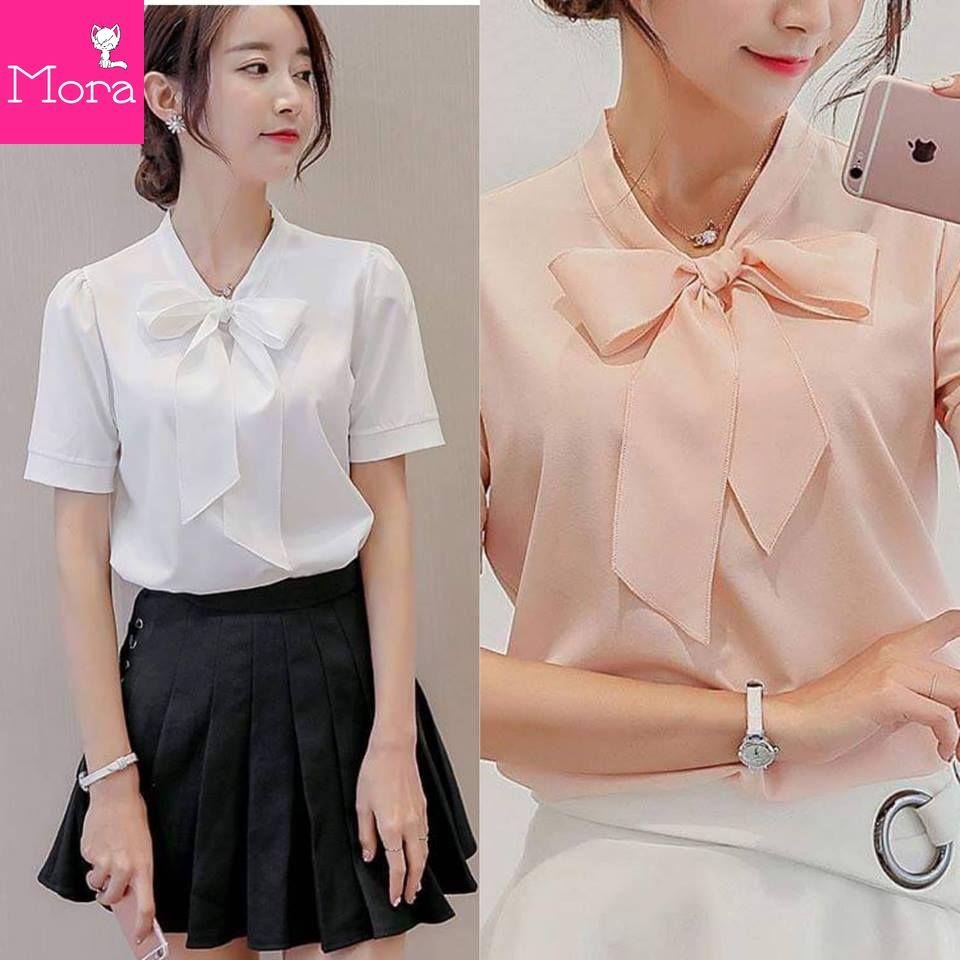 Áo Kiểu Nữ Ngắn Tay Thắt Nơ Cao Cấp Thời Trang Công Sở Dạo Phố Dự Tiệc MORA (Trắng -Cam) -  MRA10